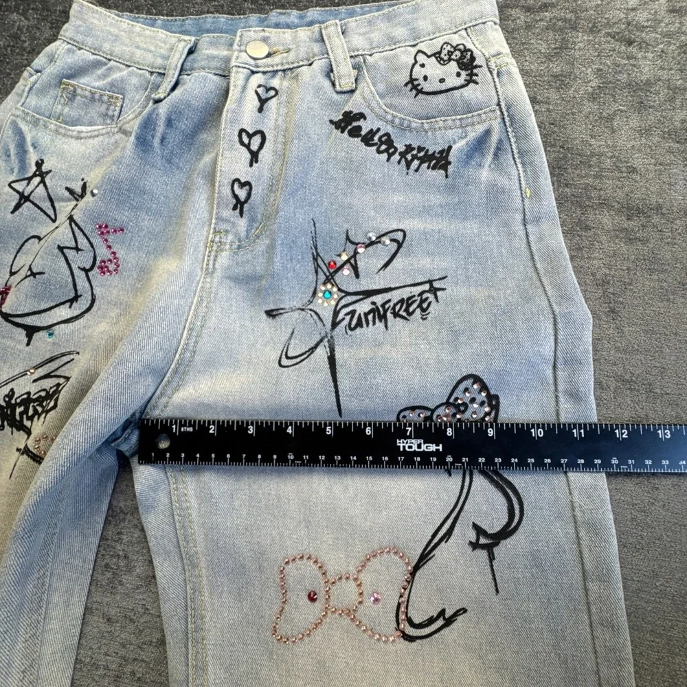 Vintage Hello Kitty Graffiti Rhinestone Wide Leg Jeans Womens 43 Blue Light Wash
